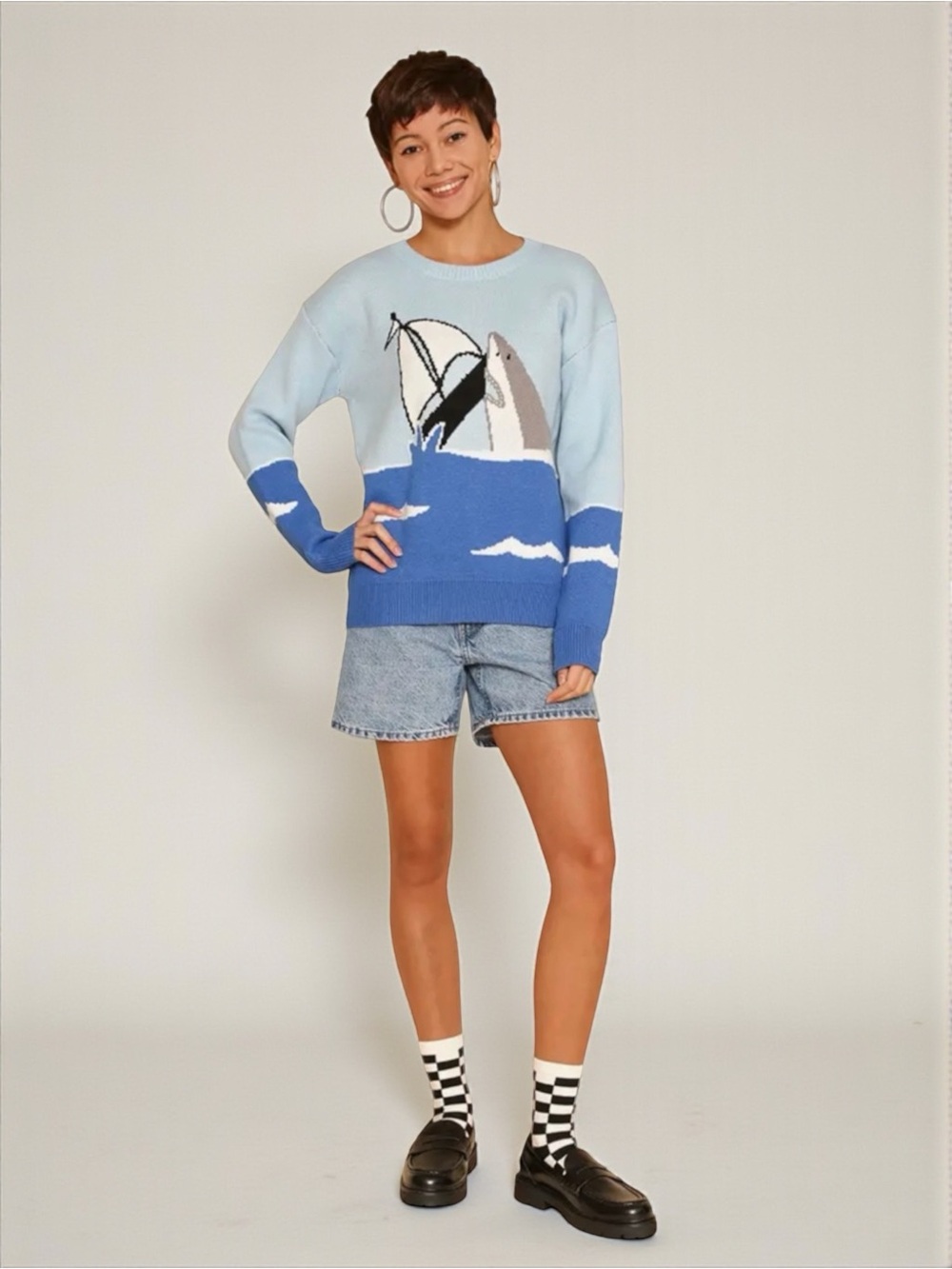 Shark Graphic Knit Sweater NWT Medium Coastal Beach Miss Sparkling - Picture 3 of 5
